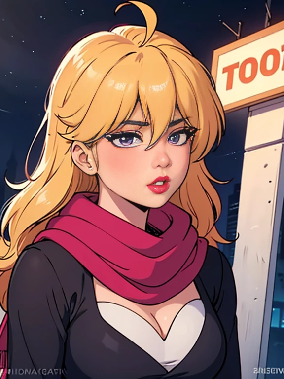 One person, Ahoge, bangs, Blonde, Throw kiss, blue eyes, blue scarf, brown scarf, Cleavage, Mouth closed, eyelash, face, Floating Hair, Hair between the eyes, heart, lips, lipstick, Long Hair, View your viewers, compensate, night null, nose, Close one eye, orange scarf, pink lips, pink scarf, Portraiture, Purple eyes, Realistic, red lips, red scarf, scarf, sign, 笑face, alone, null間, spoken heart, star (null), starry null, Upper Body, watermark, Yang Xiao Long, yellow scarf