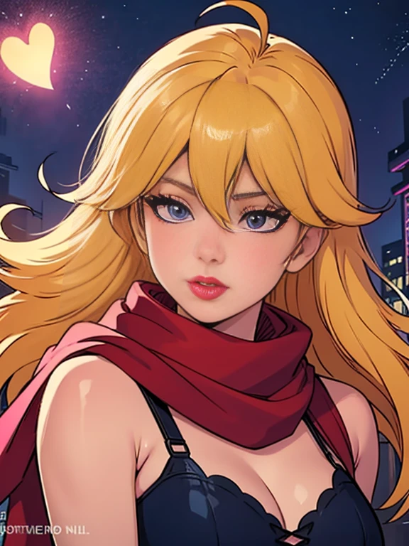 One person, Ahoge, bangs, Blonde, Throw kiss, blue eyes, blue scarf, brown scarf, Cleavage, Mouth closed, eyelash, face, Floating Hair, Hair between the eyes, heart, lips, lipstick, Long Hair, View your viewers, compensate, night null, nose, Close one eye, orange scarf, pink lips, pink scarf, Portraiture, Purple eyes, Realistic, red lips, red scarf, scarf, sign, 笑face, alone, null間, spoken heart, star (null), starry null, Upper Body, watermark, Yang Xiao Long, yellow scarf