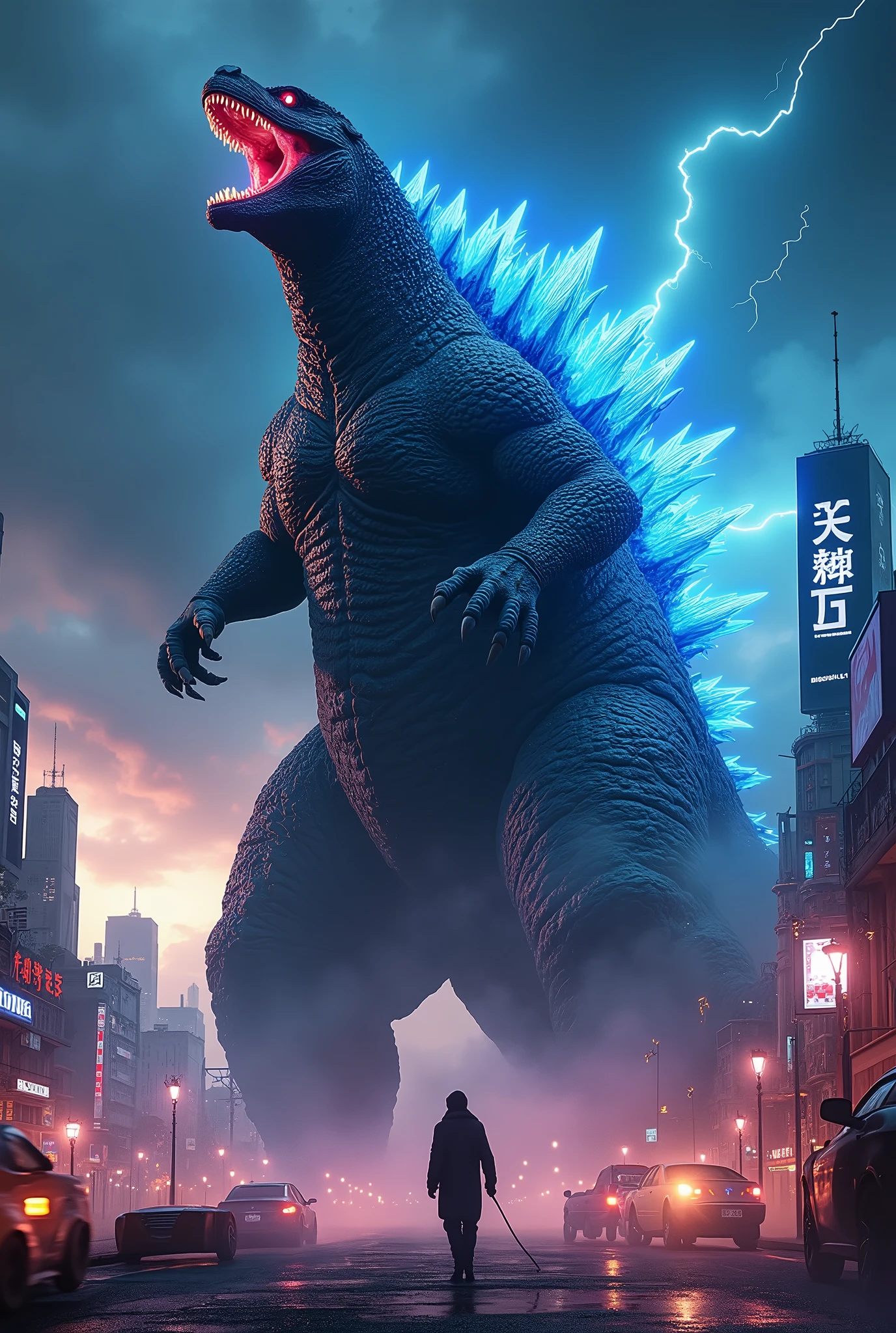 Godzilla, giant (120.20) eyes shining style (neon) pulse in the clear roaring, realistic art style