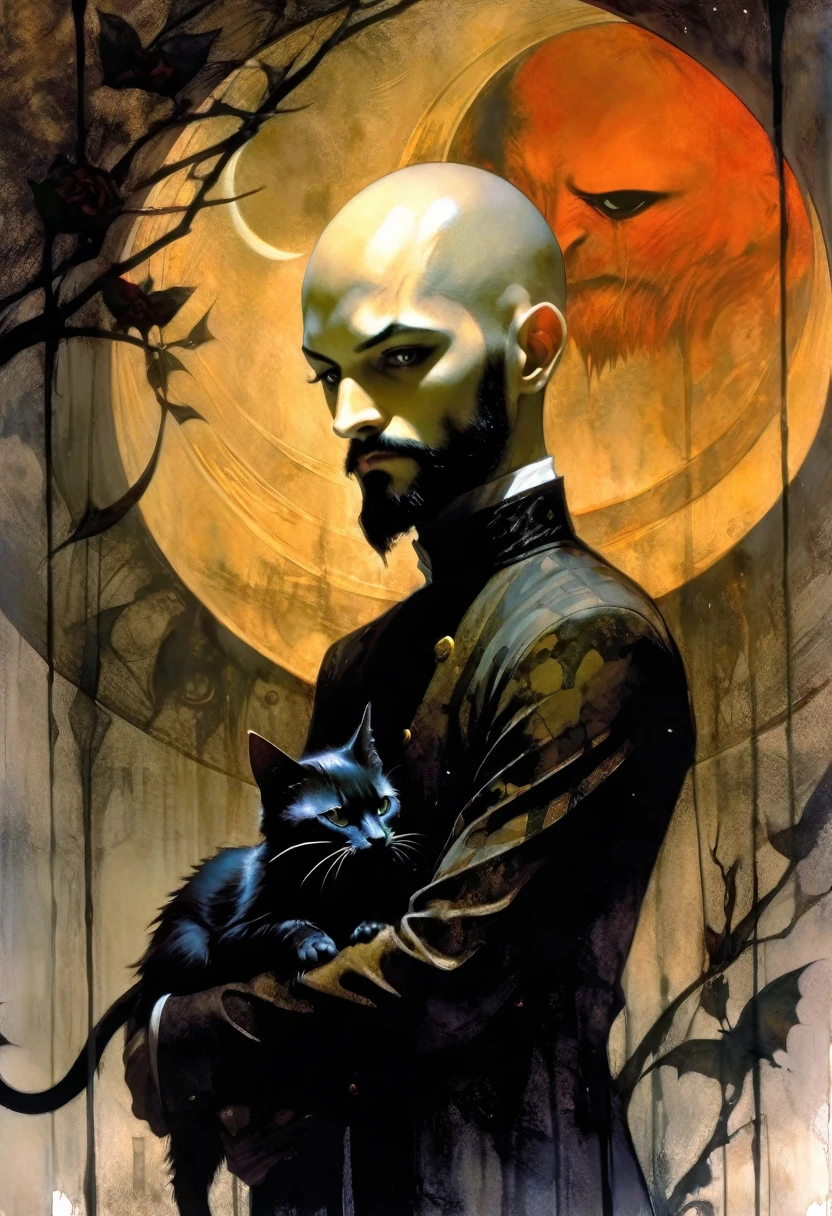young man and satanic black cat, very thin, bald, with black beard, magician,black roses, castle, wrapped in dark energies, black energies, magic, moon, black and white image, between shadows, oil painting, chiaroscuro, dramatic lighting, moody atmosphere, photorealistic, intricate details, masterpiece, ultra-detailed, high quality, 8k, best quality, realistic, cinematic, dark and brooding, expressionistic, powerful composition, emotional impact, art inspired by Bill Sienkiewicz and Dave McKean