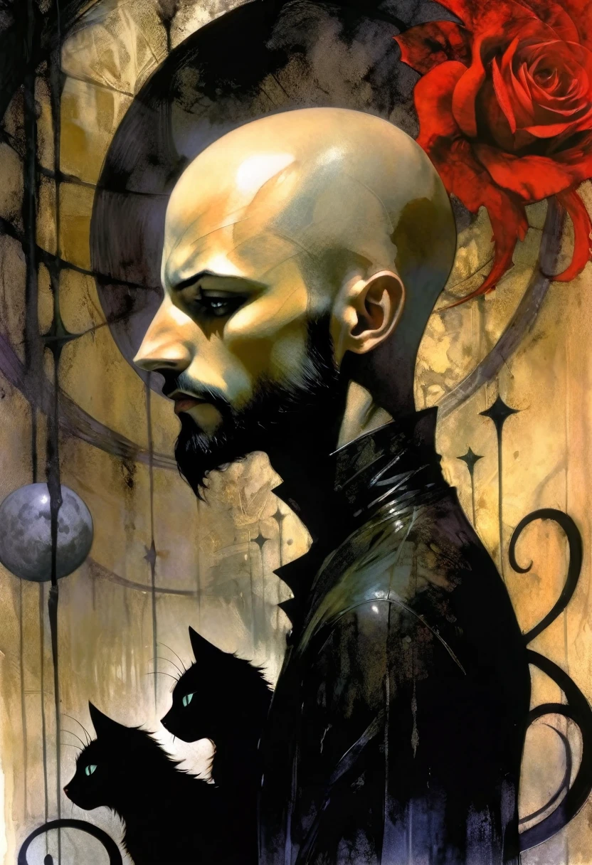 young man and satanic black cat, very thin, bald, with black beard, magician,black roses, castle, wrapped in dark energies, black energies, magic, moon, black and white image, between shadows, oil painting, chiaroscuro, dramatic lighting, moody atmosphere, photorealistic, intricate details, masterpiece, ultra-detailed, high quality, 8k, best quality, realistic, cinematic, dark and brooding, expressionistic, powerful composition, emotional impact, art inspired by Bill Sienkiewicz and Dave McKean
