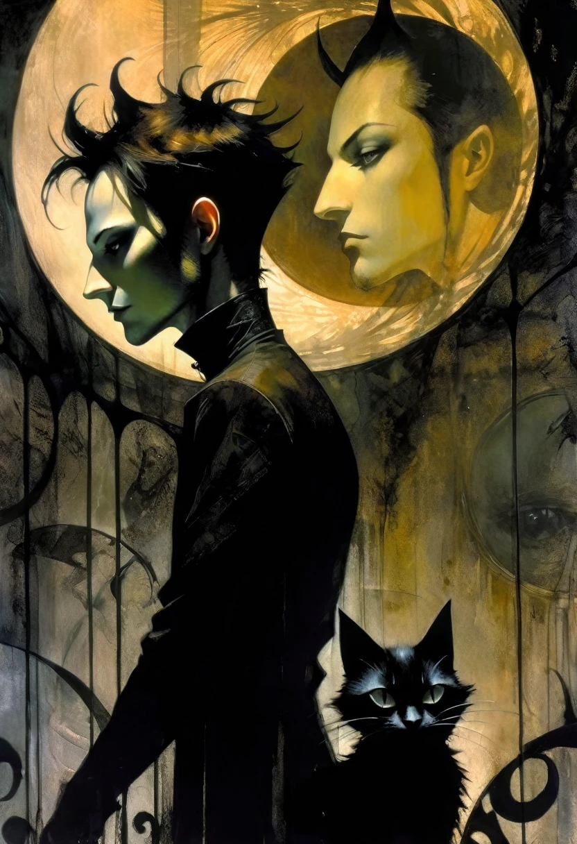 young man and satanic black cat, very thin, bald, with black beard, magician,black roses, castle, wrapped in dark energies, black energies, magic, moon, black and white image, between shadows, oil painting, chiaroscuro, dramatic lighting, moody atmosphere, photorealistic, intricate details, masterpiece, ultra-detailed, high quality, 8k, best quality, realistic, cinematic, dark and brooding, expressionistic, powerful composition, emotional impact, art inspired by Bill Sienkiewicz and Dave McKean

