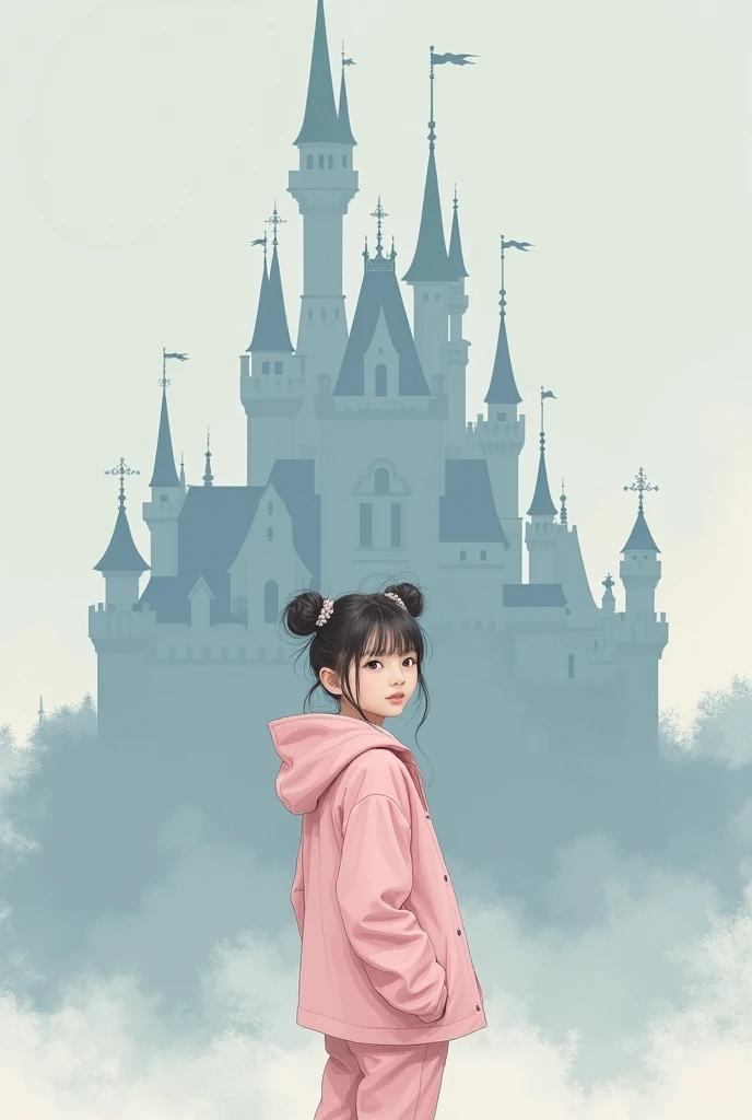 The album cover for the song "Pastel Pink Girl" by the Japanese artist Sakura Rina depicts a feminine figure in a pastel pink jacket and pants with her hair styled in space buns, gazing contemplatively., highlighted in front of a castle in blue and gray. The minimalist design uses a muted palette and includes subtle details to reflect the betrayal and disillusionment of the lyrics.. The title is displayed in a stylish font, with the artist's name positioned in a complementary way.
