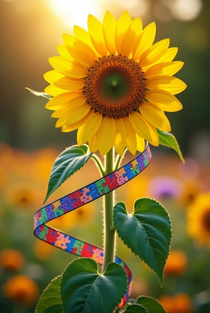 A yellow sunflower with 3 leaves and 1 stem, on the stem a ribbon going around the ribbon colorful jigsaw puzzle prints