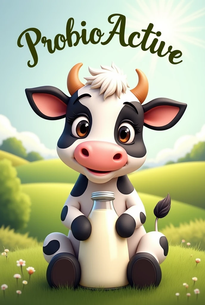 Cute animated black and white cow sitting with long eyelashes holding a bottle of milk underneath with the word ProbioActive in italics