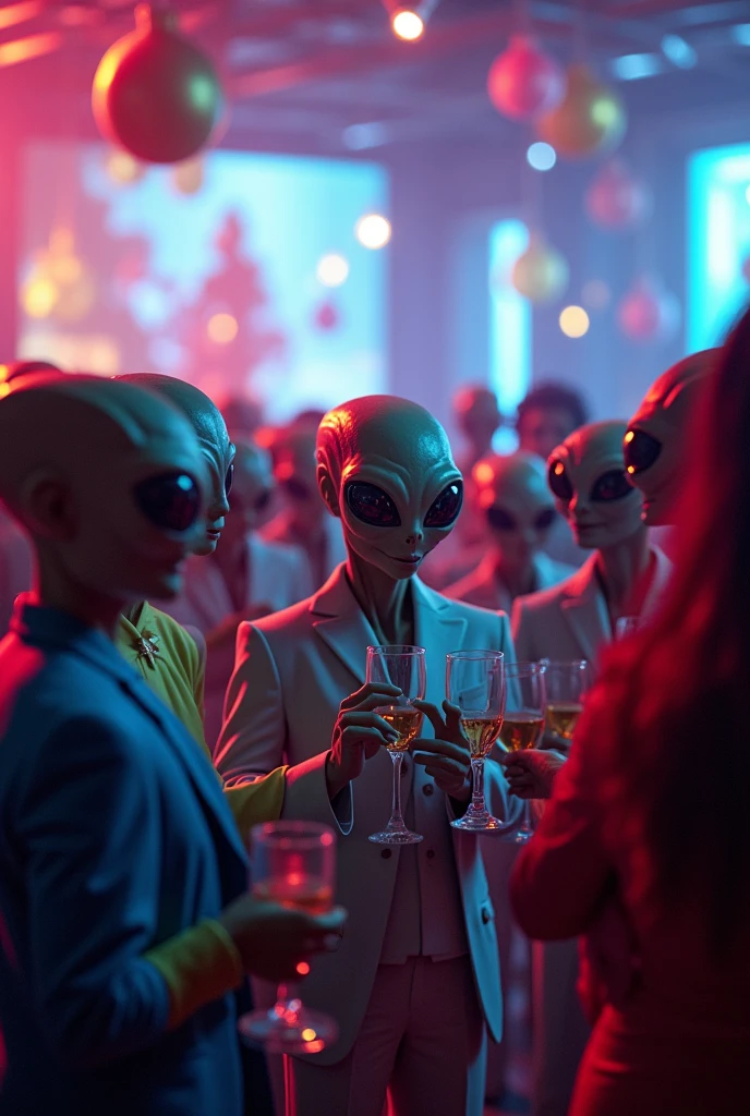 In a simulation room, the aliens find themselves at a virtual human party, practicing social protocol. In their human suits