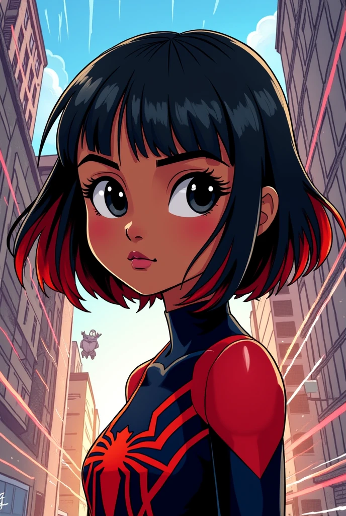 a brown girl with black eyes and short straight hair with bangs with red highlights on the back of her neck in the Spiderverse comics