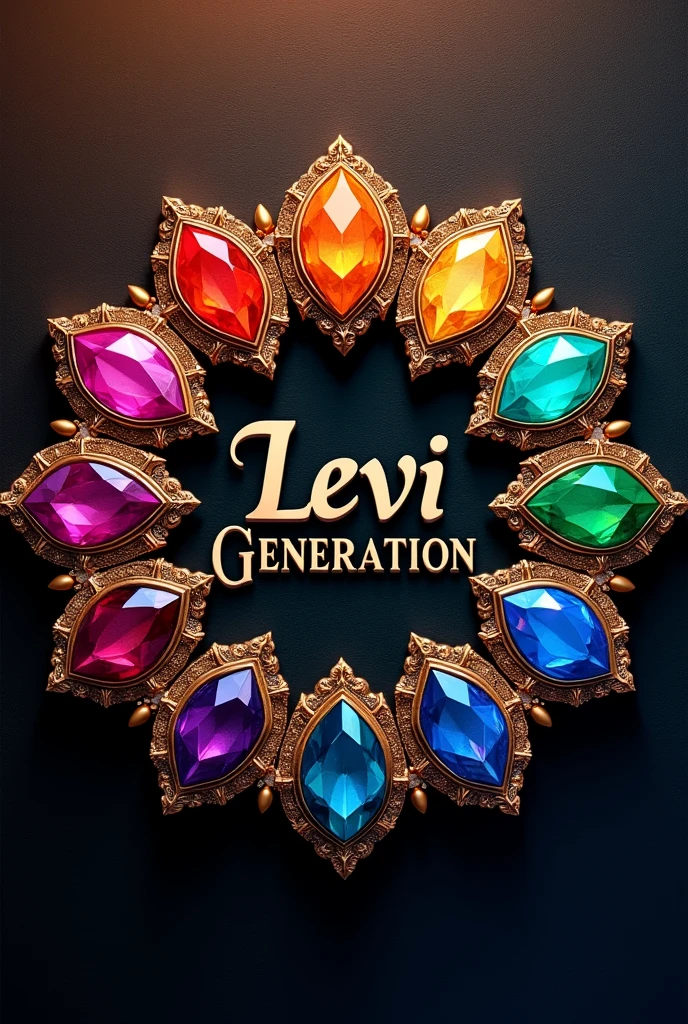 Create a logo with 12 colorful gemstones. Needs to have the description "Levi Generation". coat of arms style. It needs to have a quantity of 12 stones.