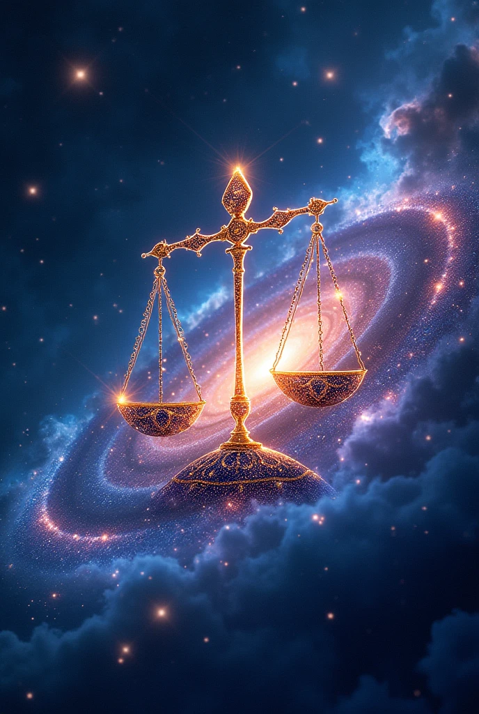 **1. Constellation and Galaxy:** The constellation Libra is depicted with bright and colorful stars, connected by thin lines of light that form a stylized scale. It is situated in the middle of a vast spiral galaxy with luminous arms..
**2. Cores e Efeitos:** The background is an explosion of cosmic colors, like deep blue, purple, pink and silver, with bright nebulae and stars in different stages of evolution.
**3. Additional Elements:** Include small planets and asteroids floating around the scale, and maybe even a galactic aurora dancing in space.
**4. Texture and Style:** Use a style that combines digital art elements with touches of fantasy, to give a sense of depth and mysticism.