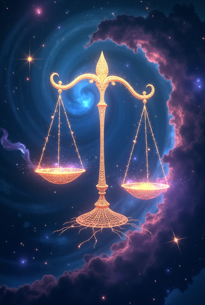 **1. Constellation and Galaxy:** The constellation Libra is depicted with bright and colorful stars, connected by thin lines of light that form a stylized scale. It is situated in the middle of a vast spiral galaxy with luminous arms..
**2. Cores e Efeitos:** The background is an explosion of cosmic colors, like deep blue, purple, pink and silver, with bright nebulae and stars in different stages of evolution.
**3. Additional Elements:** Include small planets and asteroids floating around the scale, and maybe even a galactic aurora dancing in space.
**4. Texture and Style:** Use a style that combines digital art elements with touches of fantasy, to give a sense of depth and mysticism.