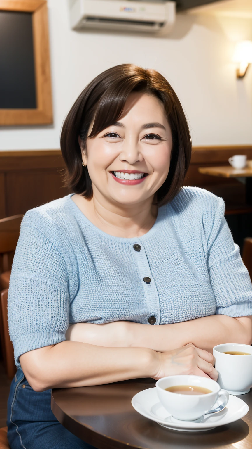 8k wallpaper, masterpiece, Highest quality, Very detailed, One Mature Woman, 50 years old, Become very clear, Wearing a short-sleeved knit, Skin dents, Captivating smile, Looking at the audience, No lapel microphone, Plump, Curvaceous, Attractive face, Smiling with teeth showing, I was happy, sitting in a cafe, Background Blur