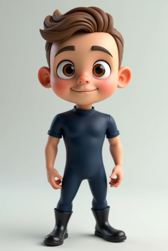 Create a 3D adult mascot with a 30-year-old appearance, male, light brown hair, thin build, a slightly thin face and a slightly thin chin, brown eyes, an average height, a dark blue uniform with no logo or details, and black boots. , and also with very short curly hair and a little bald with a slightly thin nose