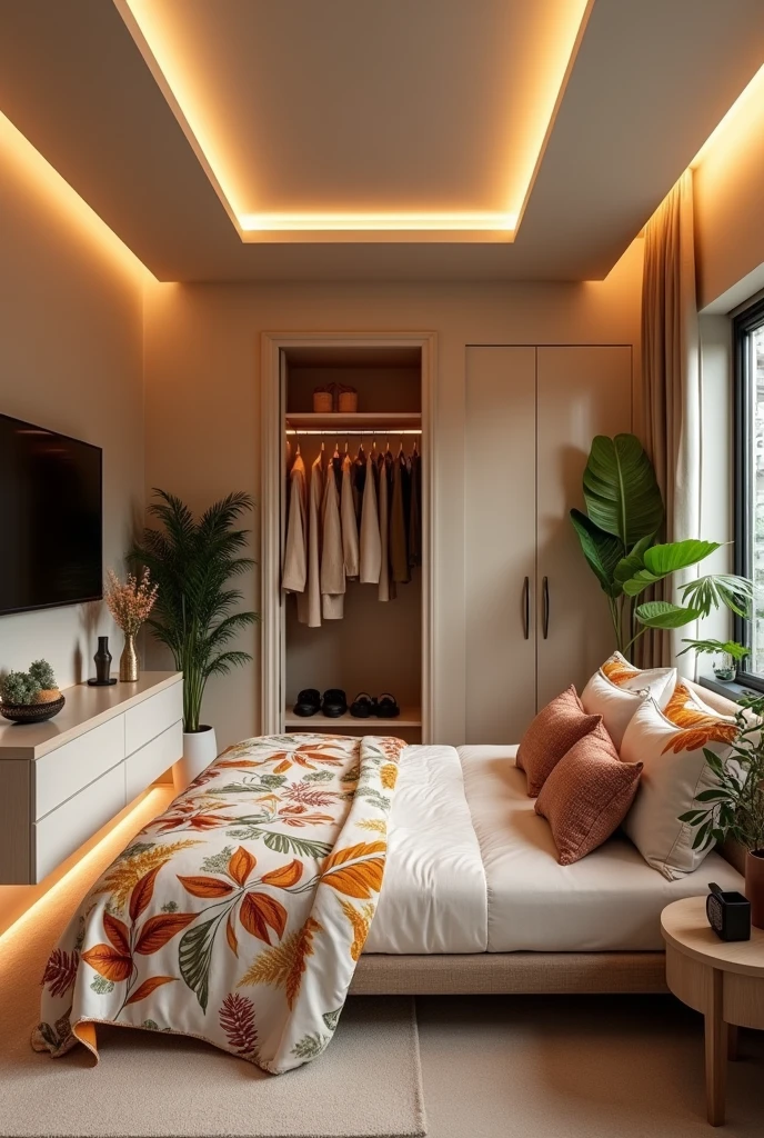 a soft light brown theme small bedroom with a tropical design with flat screen tv, led light and a closet with vanity