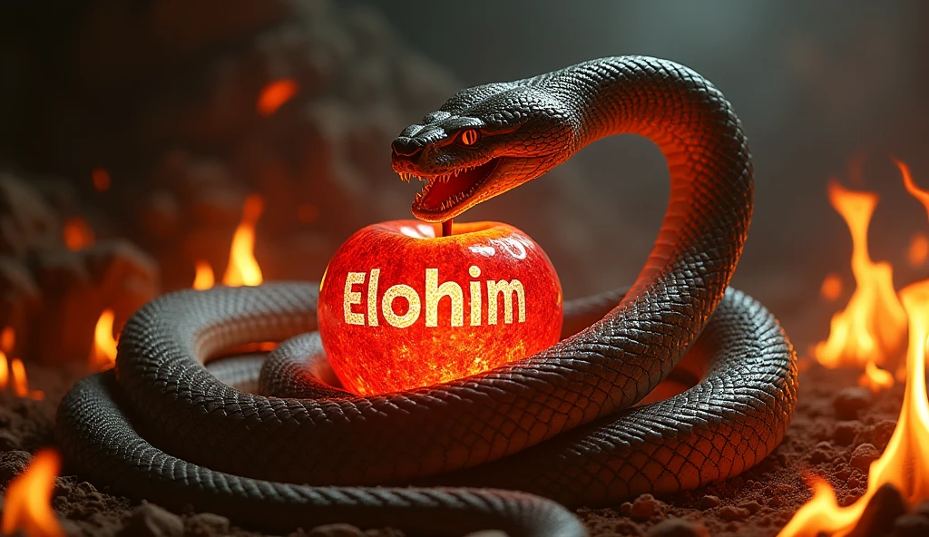 a large python snake with its mouth open, attempting to attack, looking ahead, The snake's tail is wrapping around a glowing apple., in the midst of an intense darkness of hell, surrounded by a lot of fire, The apple has letters written on it that say Elohim, The python snake staring with red eyes, moving darkly., The snake has its mouth open., the snake coiling around the apple