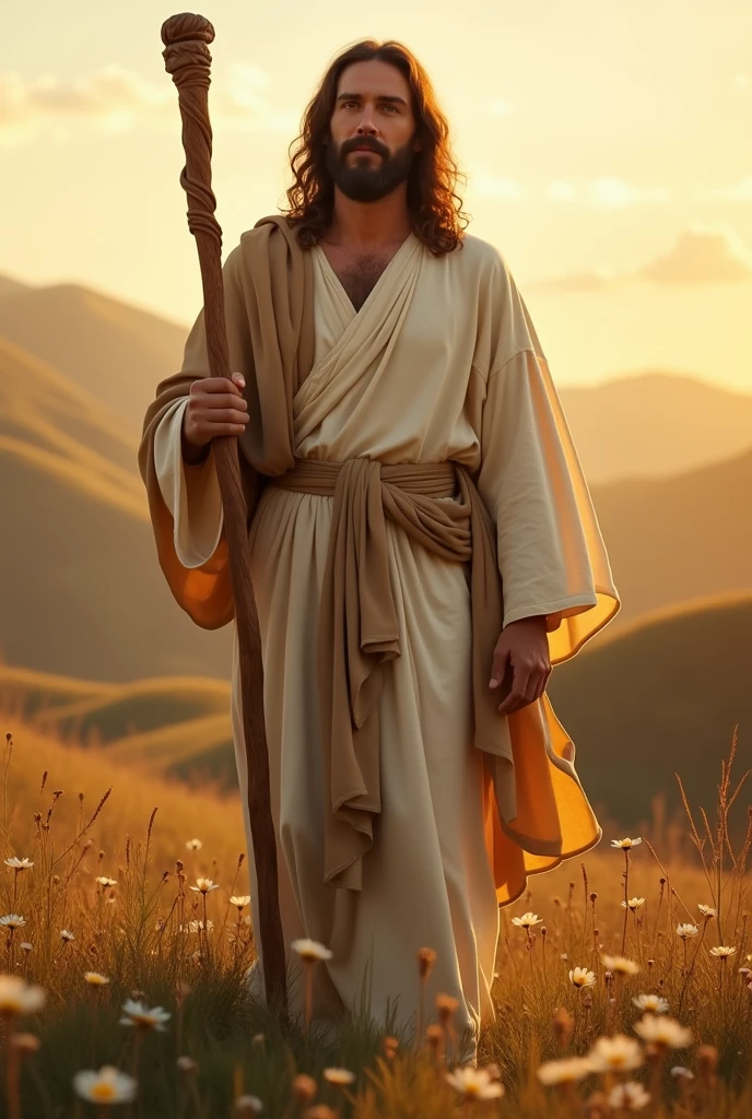 Jesus with a staff in his hand looking at the camera