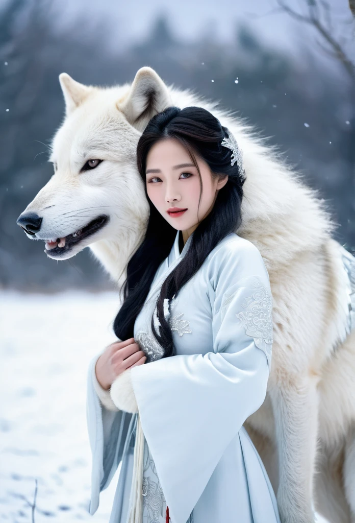 Korean woman, beautiful, pure white ancient Chinese dress ￼ hugging a big white wolf beside her in the snowy field, It&#39;s snowing., The orange evening sun&#39;s shadow shines in the background.