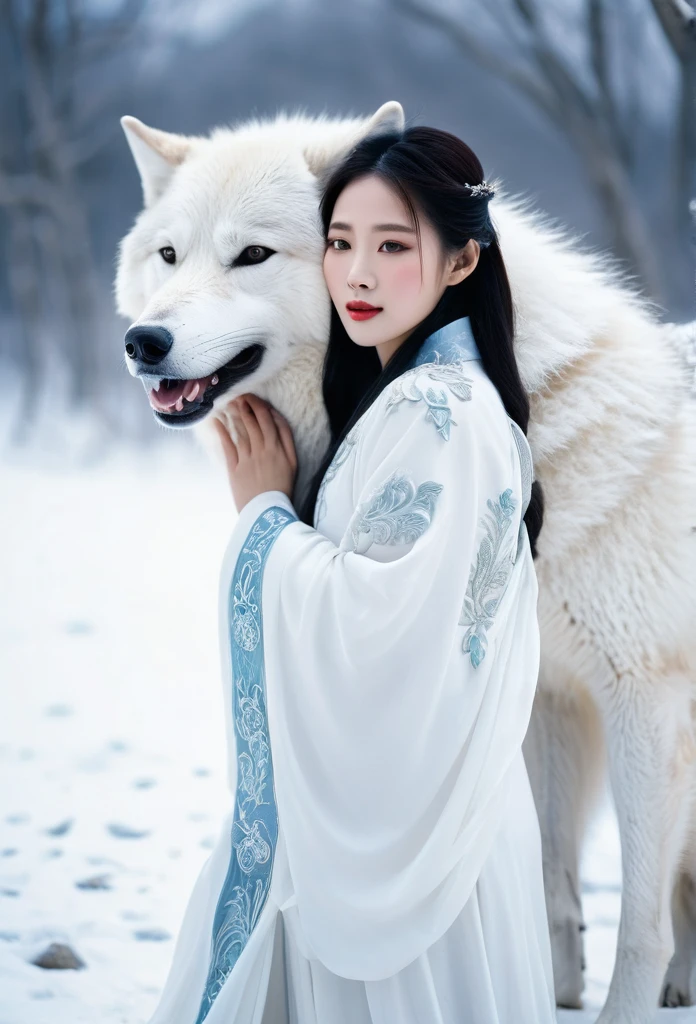 Korean woman, beautiful, pure white ancient Chinese dress  hugging a big white wolf beside her in the snowy field, It's snowing., The orange evening sun's shadow shines in the background.
