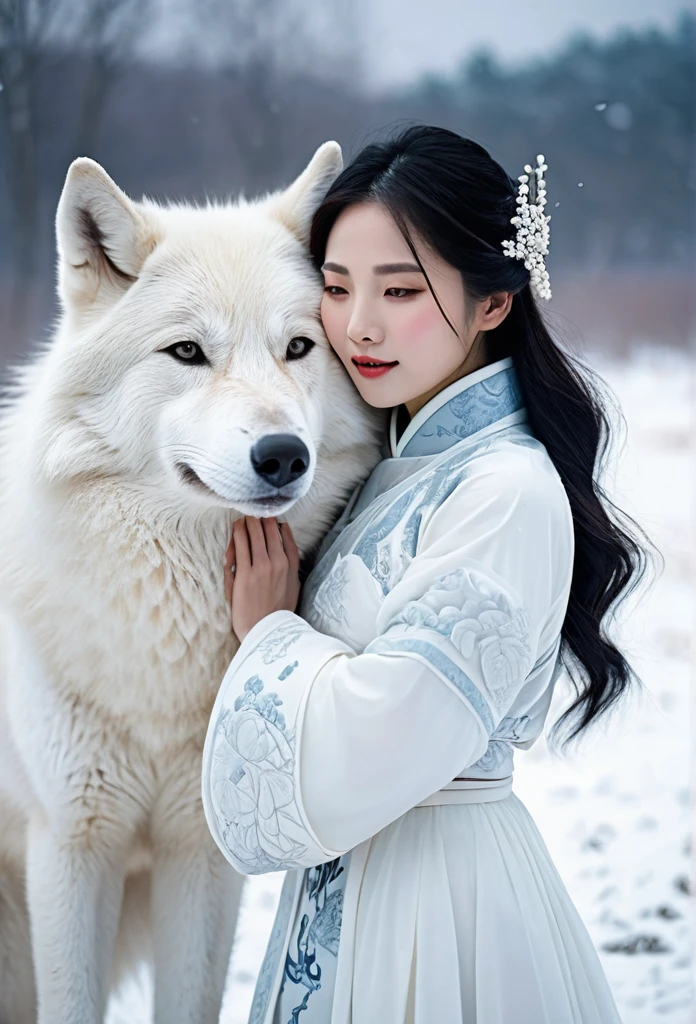 Korean woman, beautiful, pure white ancient Chinese dress  hugging a big white wolf beside her in the snowy field, It's snowing., The orange evening sun's shadow shines in the background.