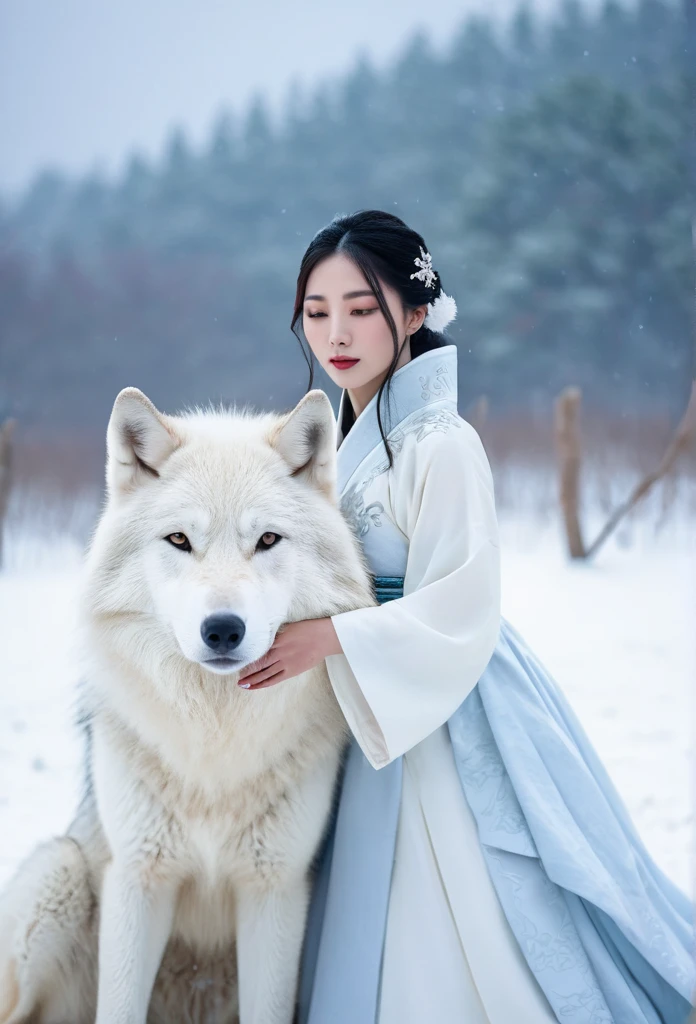 Korean woman, beautiful, pure white ancient Chinese dress  hugging a big white wolf beside her in the snowy field, It's snowing., The orange evening sun's shadow shines in the background.