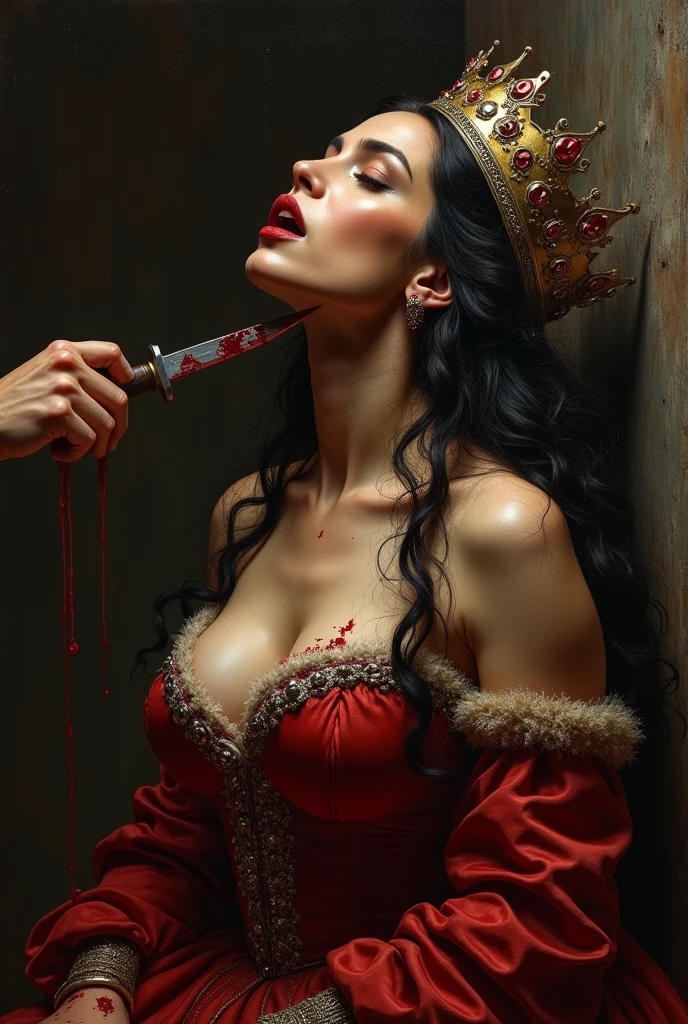 (best quality,8k,masterpiece,gore:1.2), medieval,ultra-detailed,oil painting,hyper realistic,expressive brushstrokes, Crowned female queen with large bust kneeling, looks like Salma Hayek, bloody barbarian man slits her throat with knife from behind her, bleeding, bloodied neck, dramatic lighting,chiaroscuro,dark moody atmosphere,gritty,gore,cinematic, (bloody throat slit:1.3), bloodstained breasts , close up