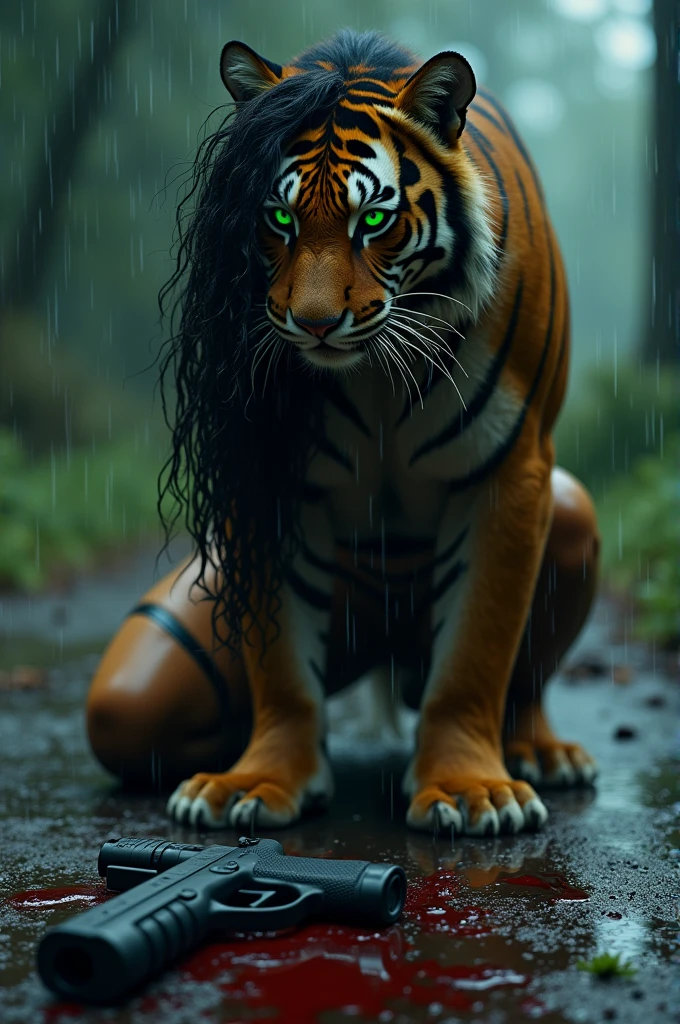A long-haired black woman in a brown hiking outfit is transforming into a tiger in agony while kneeling. Green lights are lit in her eyes. A gun and blood are found on the ground beside her, in a rainy atmosphere.