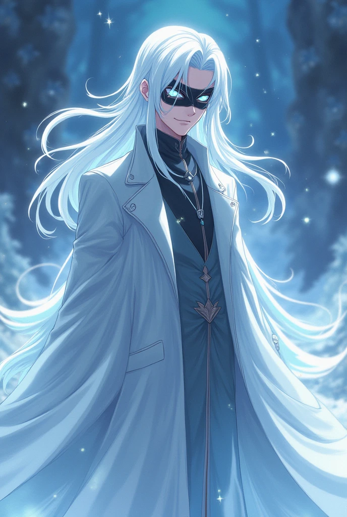 "A mysterious man with silvery power stands in an imposing posture, with an icy aura emanating from him. He wears a long, flowing coat, silver-colored, which seems almost translucent, floating around him like a light mist. Her hair is bright white, falling in smooth strands around her face, and her eyes are bright white, shining like stars. He wears a sleek mask with a mischievous smile, and his piercing gaze is both hypnotic. Anime Style. 
