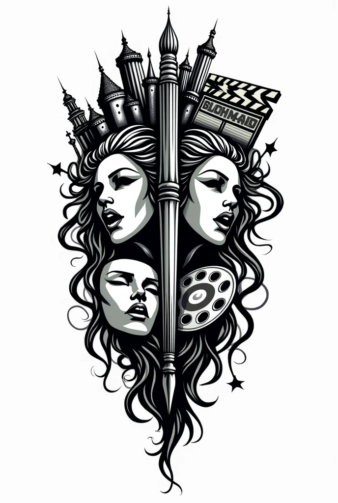 Create a black and white stamp logo
Pen
Painting palette
Theater mask
Clapperboard
Symbols of architecture
Combination of Screaming of female face and the treble clef