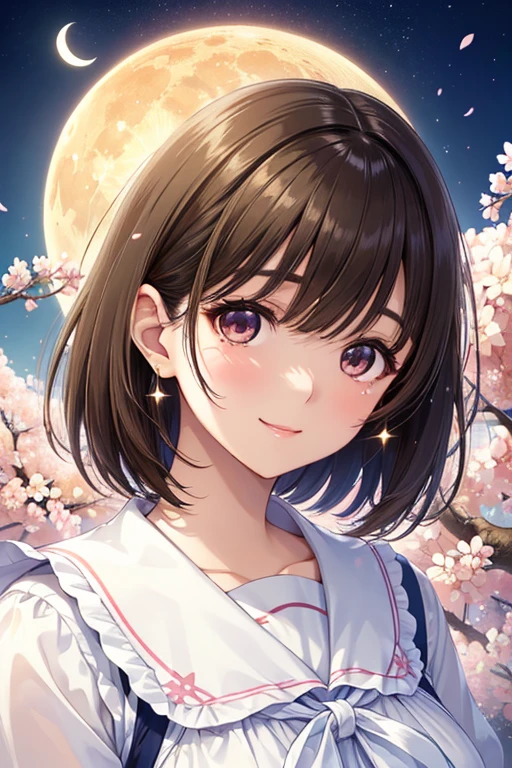 anegasaki nene、Shiny brown hair, short hair, (Beautiful brown eyes、Sparkling eyes, Fine grain)、smile、Ultra-detailed eyes、Highly detailed face, Highly detailed eyes,



Cherry blossom tree with the moon in the background, Lake where the Moon and Mitsuri are enshrined 