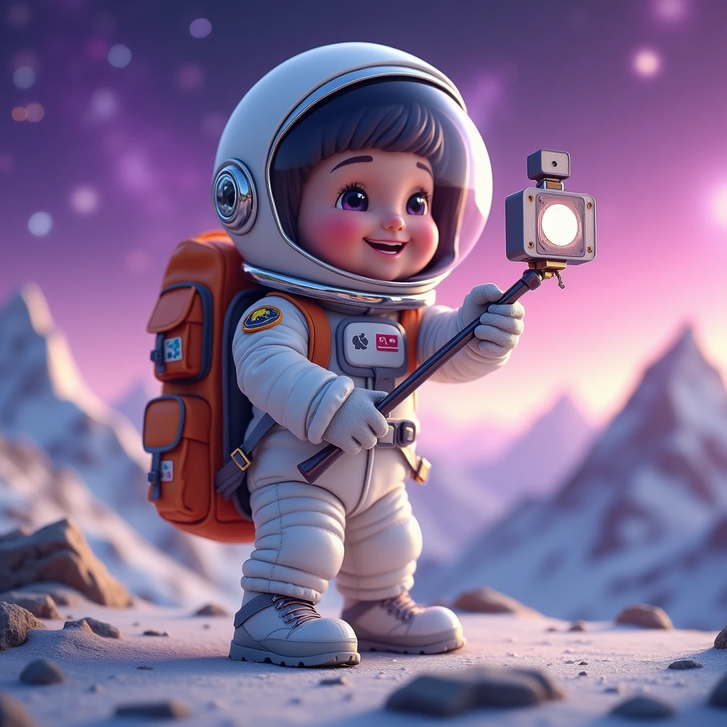 a  human astronaut avatar, acting as a travel vlogger wearing white color astronaut costume with big hike travel shoes , holding a selfie stick with its own reflection in the selfie shown and a backpack, taking a selfie with mountains in a galaxy with a purple gradient background.