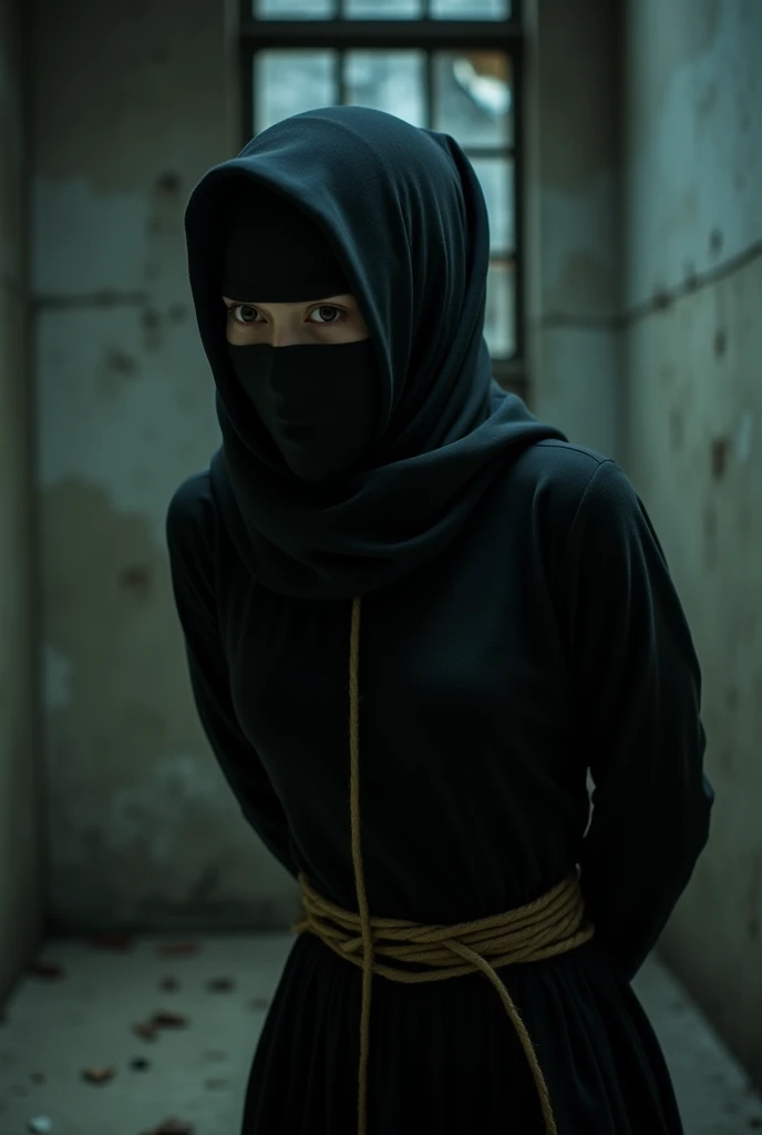 kurokawa akane (oshi no ko),  over the nose gag, tied up, hands tied behind back, kidnapped, blushing, breathplay, niqab,  tied up by ropes, dark veil covering mouth and nose and whole body, improvised gag, 