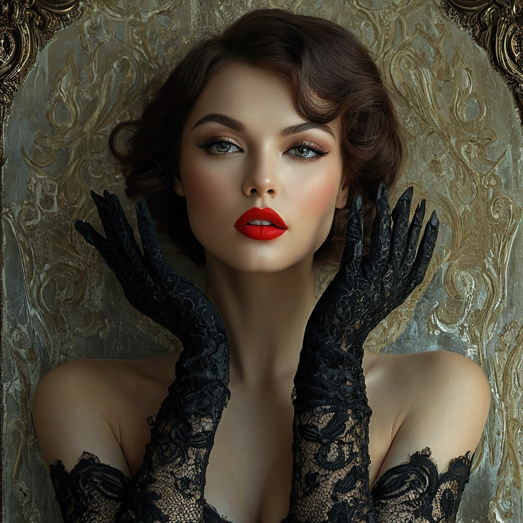 arafed woman with red lipstick and black gloves posing for a picture, gorgeous woman, karol bak uhd, gorgeous beautiful woman, by Nikita Veprikov, glamour portrait, by Galen Dara, black gloves, by Hristofor Zhefarovich, dressed in black lace, style of karol bak, by Dan Luvisi, elegant fashion model