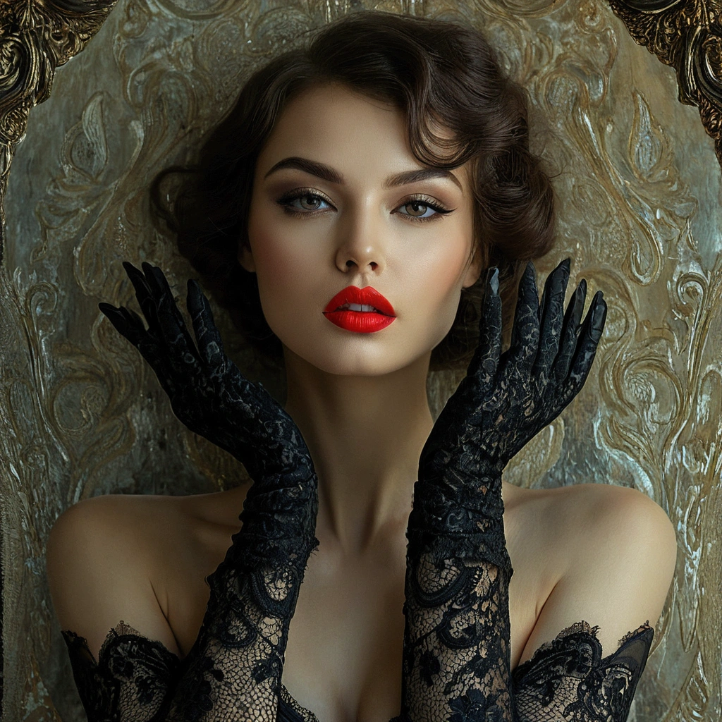 arafed woman with red lipstick and black gloves posing for a picture, gorgeous woman, karol bak uhd, gorgeous beautiful woman, by Nikita Veprikov, glamour portrait, by Galen Dara, black gloves, by Hristofor Zhefarovich, dressed in black lace, style of karol bak, by Dan Luvisi, elegant fashion model