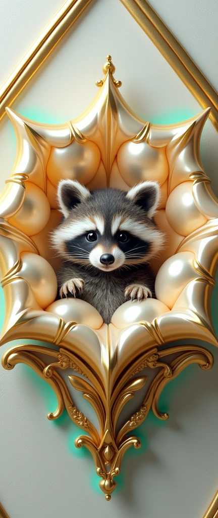 A captivating and luxurious 3D render of a cute, extra fluffy baby raccoon, surrounded by a central, symmetrical flower-like structure meticulously crafted from gold and white materials. The intricate design of the structure showcases mesmerizing depth and complexity, drawing the viewer into its detailed layers. The surrounding geometric frames exhibit exquisite carvings, enhancing the opulence and sophistication of the artwork. A contrasting textured pattern in white is present in the background, adding to the overall luxurious feel. Greenish-blue gradient accents are thoughtfully integrated throughout the design, harmoniously balancing the composition and resulting in a conceptual masterpiece that exudes elegance and luxury., 3d render, photo, conceptual art