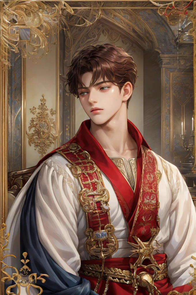 (absurdres, highres, ultra detailed, HDR), masterpiece, best quality, 1 boy , Tales of crestoria character,detailed interior, detailed character young prince, aged 14, possessing a lean and athletic frame, showing the first signs of impending manhood. Your face is still youthful with soft, boyish features, yet there is an air of maturity in your demeanor. Your eyes are a deep shade of brown, framed by long, thick lashes. Your hair is long for a boy your age, falling to just below your shoulders in a mass of unruly red curls. As a prince, you wear fine clothing made of silks and wools in rich colors and patterns,