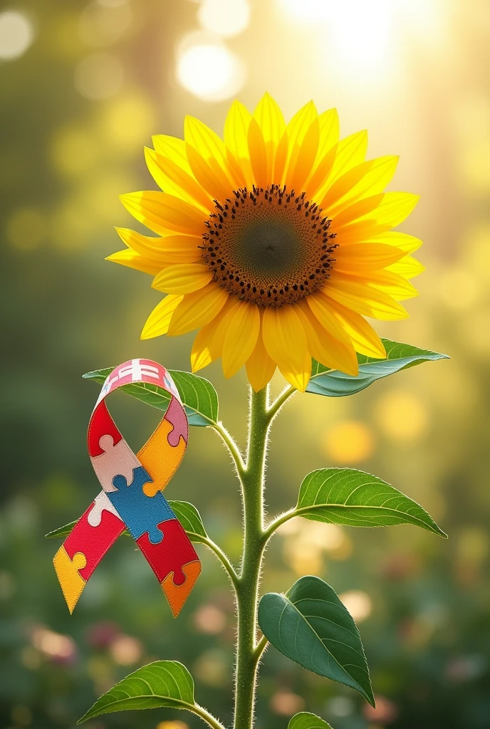 A yellow sunflower with 3 leaves and 1 stem, I don't have a tape, but I have a ribbon that goes around the ribbon with autism themes printed on it.
