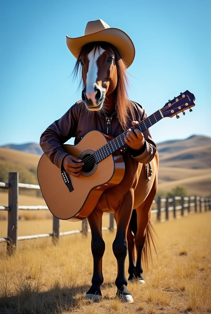 A brown country singer horse with a guitar, cowboy hat and cowboy outfit