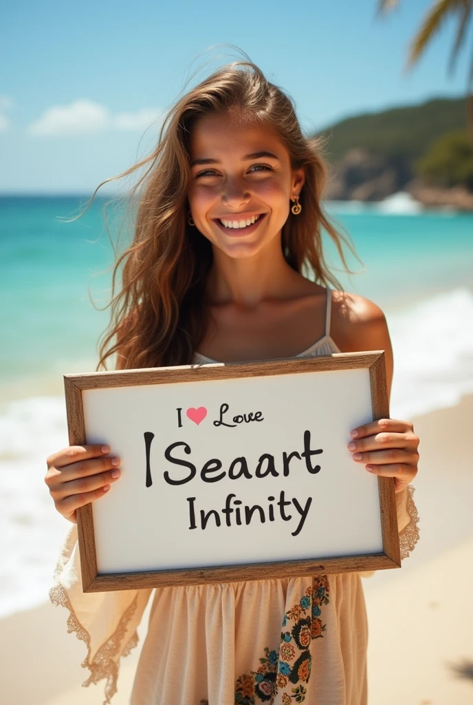 Beautiful girl with wavy long hair, bohemian dress, holding a white board with text "I Love Seaart Infinity" and showing it to the viewer