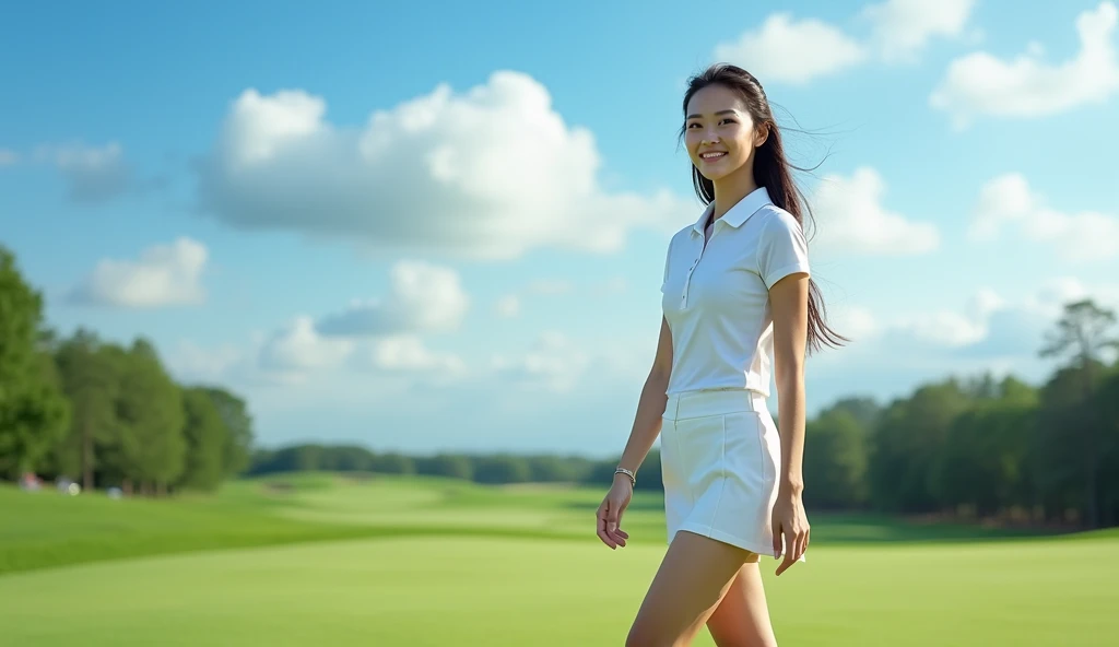 Make an Asian female model photo for a golf tournament poster, Full shot, The clothes are short skirts, sexy body, Walk towards the camera,