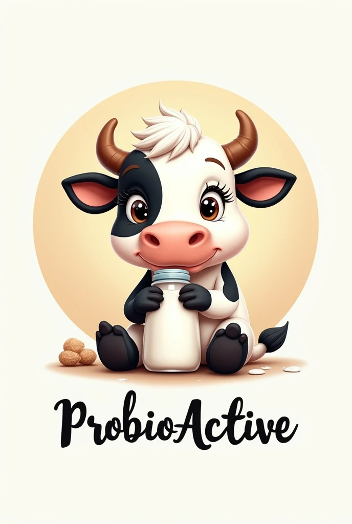 Cute animated black and white cow sitting with long eyelashes holding a bottle of milk. Round image with the word ProbioActive in italics below.