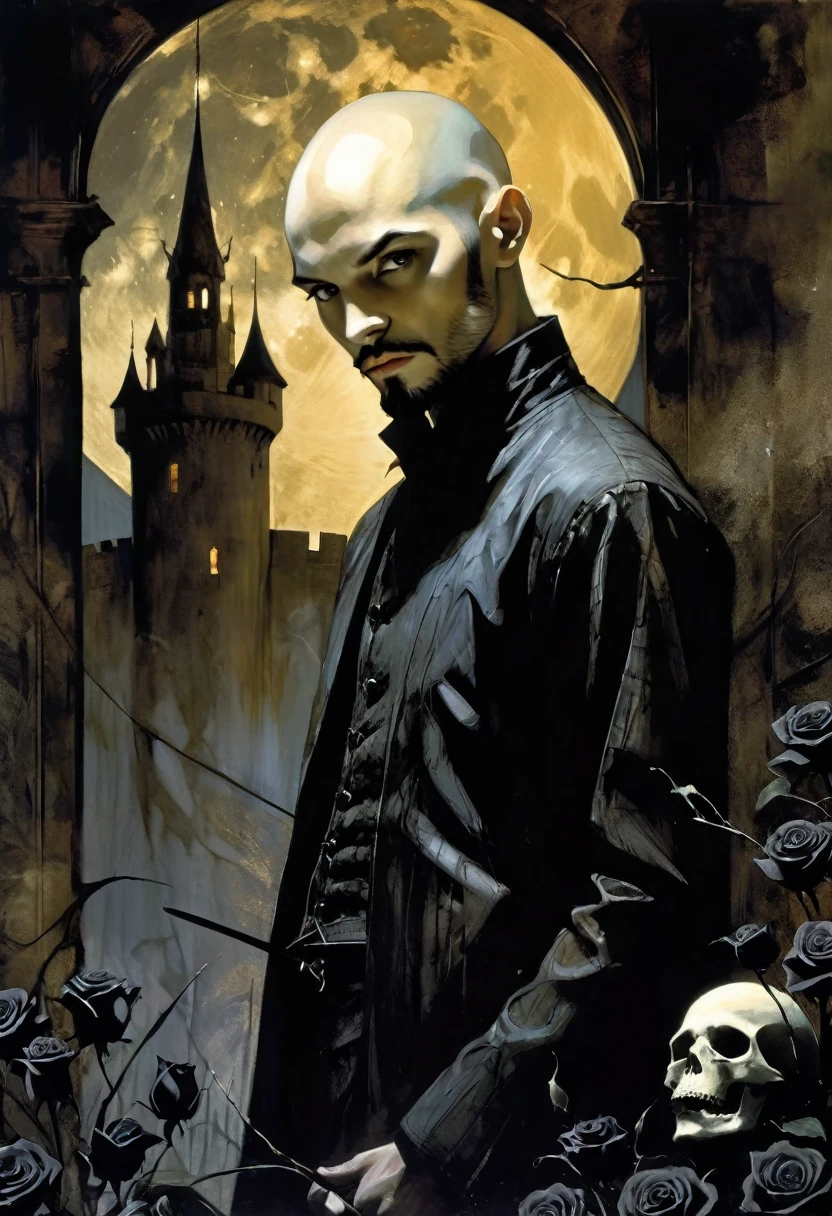young man, very thin, bald, with black beard, magician,black roses, castle, wrapped in dark energies, black energies, magic, moon, black and white image, between shadows, oil painting, chiaroscuro, dramatic lighting, moody atmosphere, photorealistic, intricate details, masterpiece, ultra-detailed, high quality, 8k, best quality, realistic, cinematic, dark and brooding, expressionistic, powerful composition, emotional impact, art inspired by Bill Sienkiewicz and Dave McKean