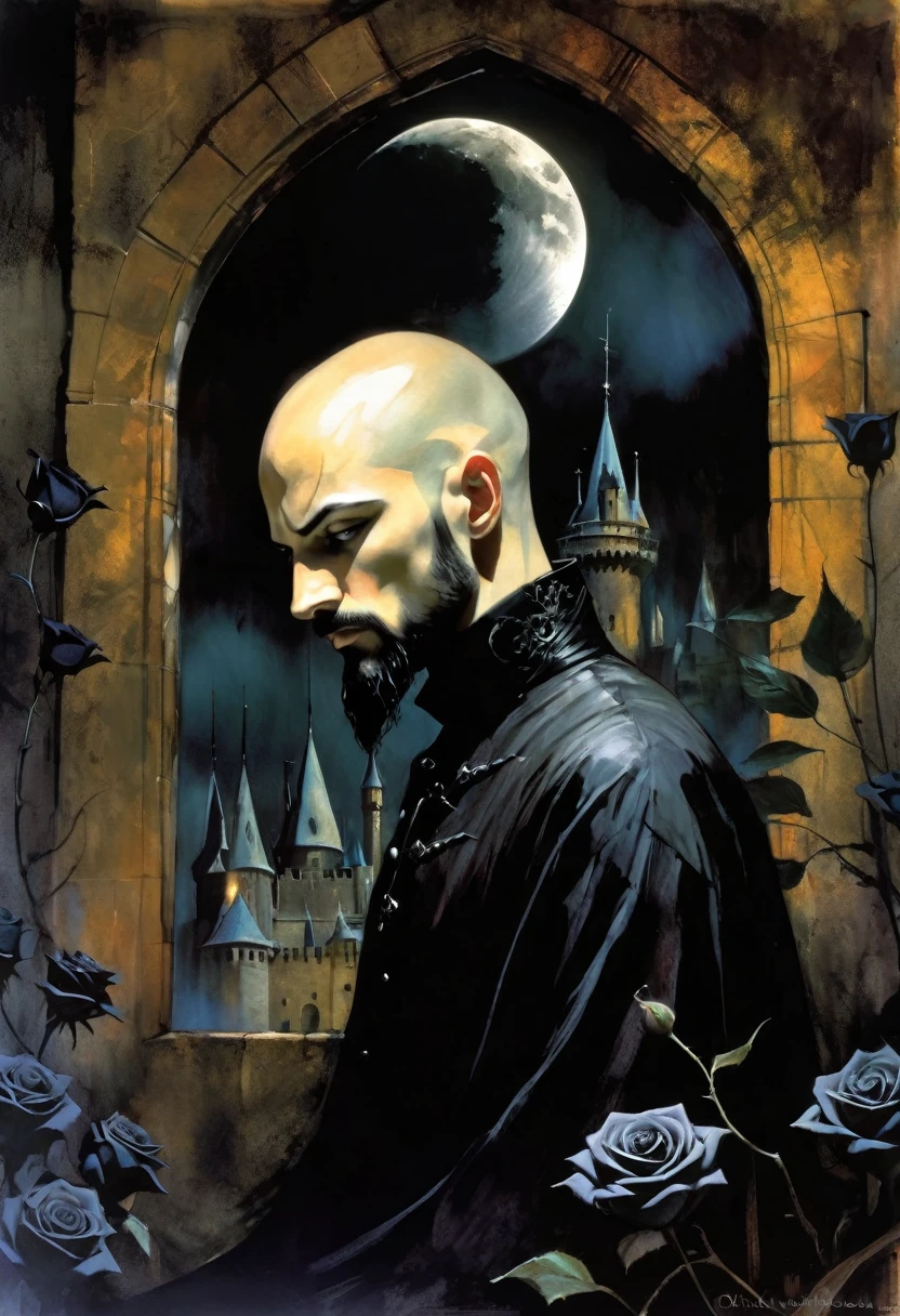 young man, very thin, bald, with black beard, magician,black roses, castle, wrapped in dark energies, black energies, magic, moon, black and white image, between shadows, oil painting, chiaroscuro, dramatic lighting, moody atmosphere, photorealistic, intricate details, masterpiece, ultra-detailed, high quality, 8k, best quality, realistic, cinematic, dark and brooding, expressionistic, powerful composition, emotional impact, art inspired by Bill Sienkiewicz and Dave McKean