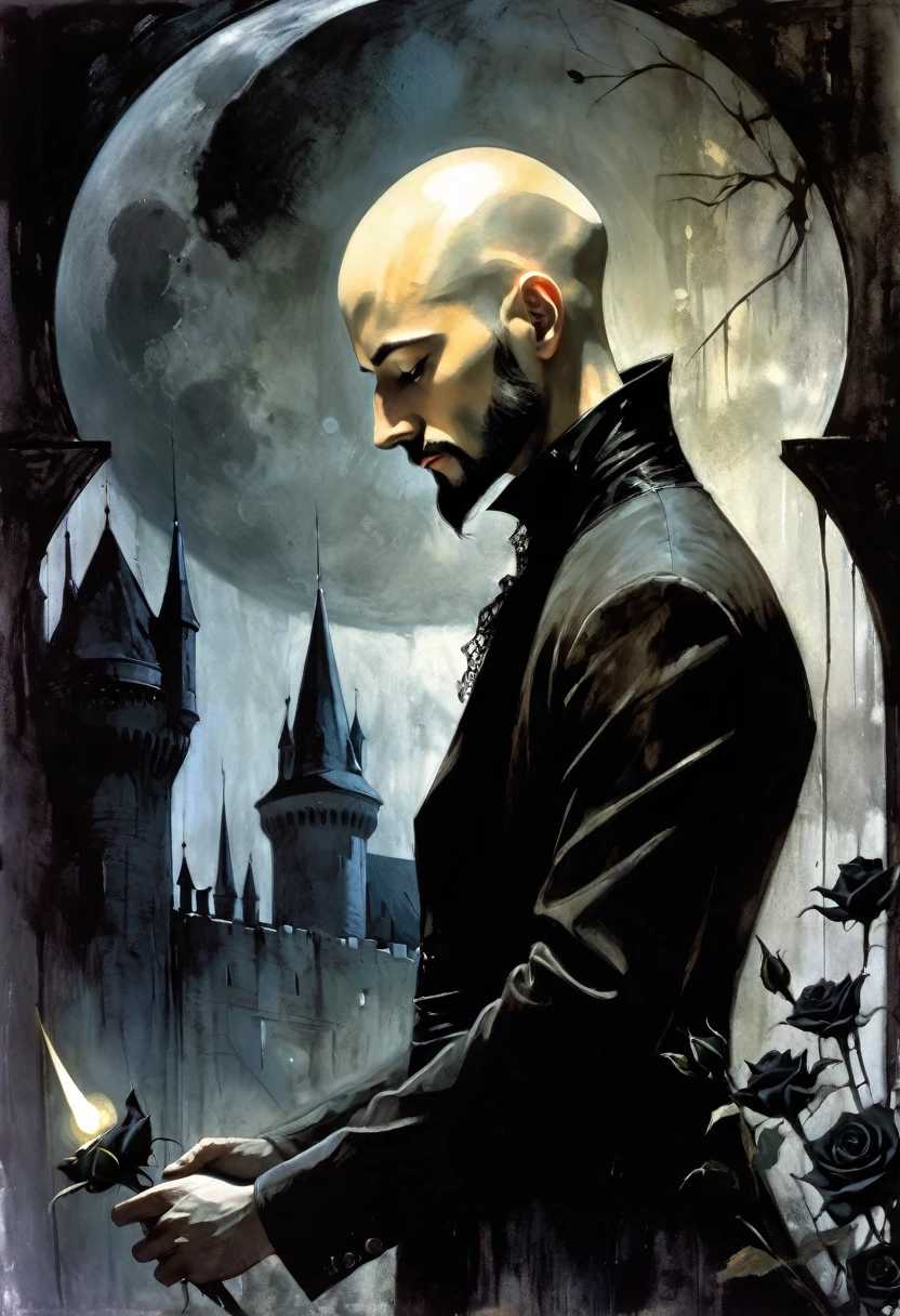 young man, very thin, bald, with black beard, magician,black roses, castle, wrapped in dark energies, black energies, magic, moon, black and white image, between shadows, oil painting, chiaroscuro, dramatic lighting, moody atmosphere, photorealistic, intricate details, masterpiece, ultra-detailed, high quality, 8k, best quality, realistic, cinematic, dark and brooding, expressionistic, powerful composition, emotional impact, art inspired by Bill Sienkiewicz and Dave McKean

