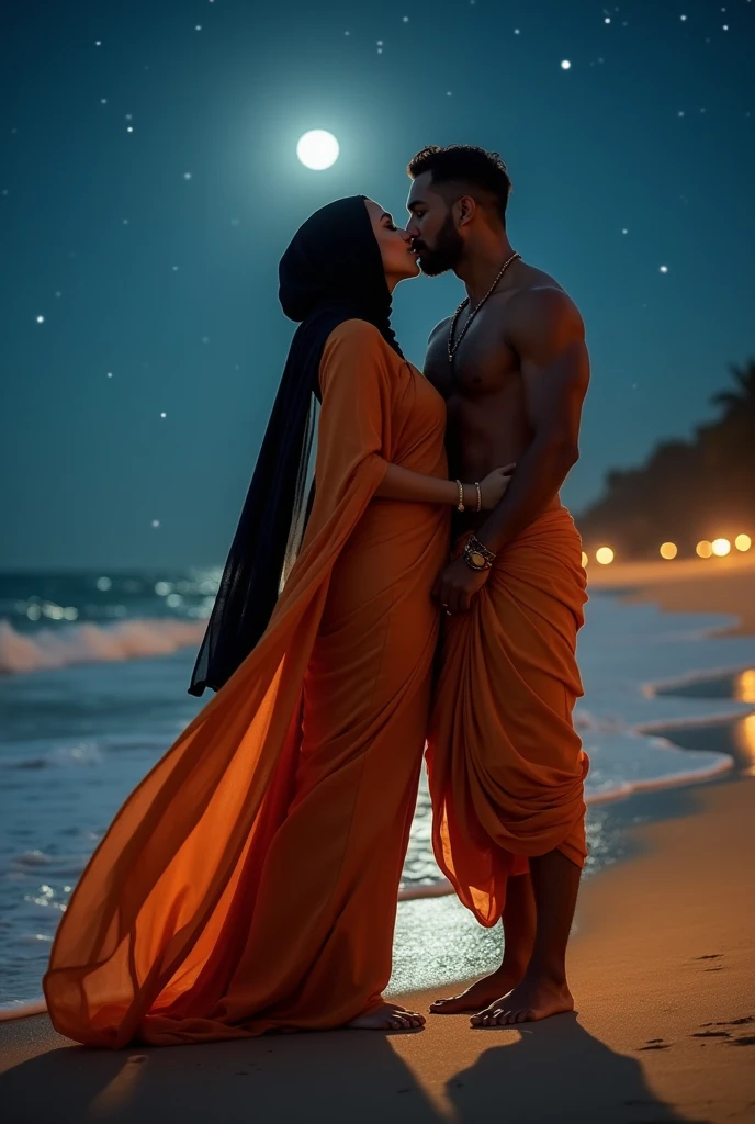 Big butt muslim women wearing saffron saree black hijab, muscular hindu pandit on beach, late night doint kiss