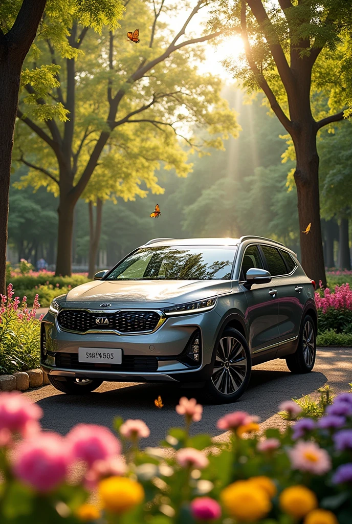 A modern KIA SUV in a garden