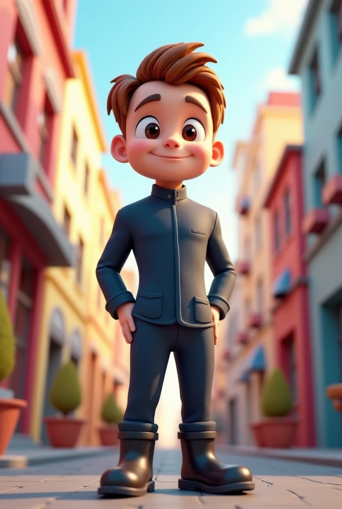 Create a 3D adult mascot with a 30-year-old appearance, male, light brown hair, thin build, a slightly thin face and a slightly thin chin, brown eyes, an average height, a dark blue uniform with no logo or details, and black boots. , and also with thin curly hair and a bit bald with a slightly thin nose