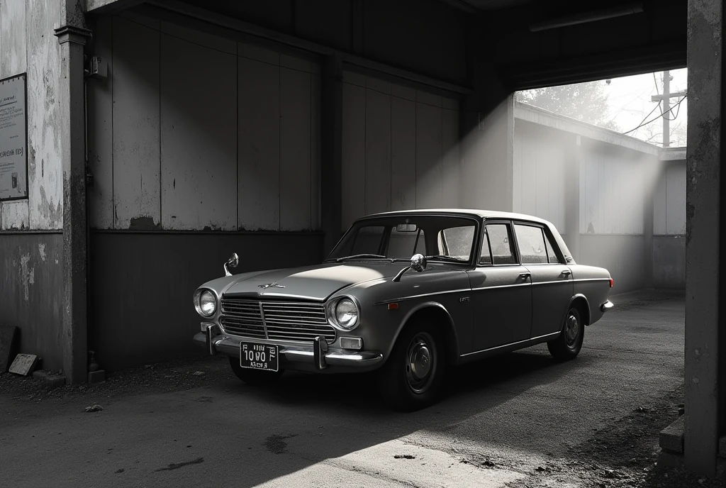 Showa-style monochrome photography、A classic car parked in a rusty garage, Nissan Cedric 330