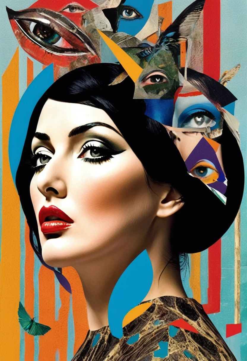 Monica Bellucci themed, Surreal and strange dislocation art:Collage, There are many different things on the faces, somber colors, Geometric Dislocation, Hollow, Artistic sense, Painting, paint, Simple, effect, Collage, Conceptual art, Dadaism, erotic, psychedelic