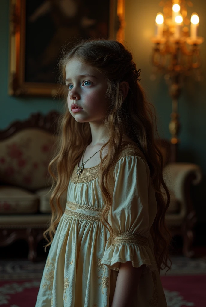 A small  with long brown hair and blue eyes, very pretty, sadly crying in an old dress., In a beautiful palace-like house