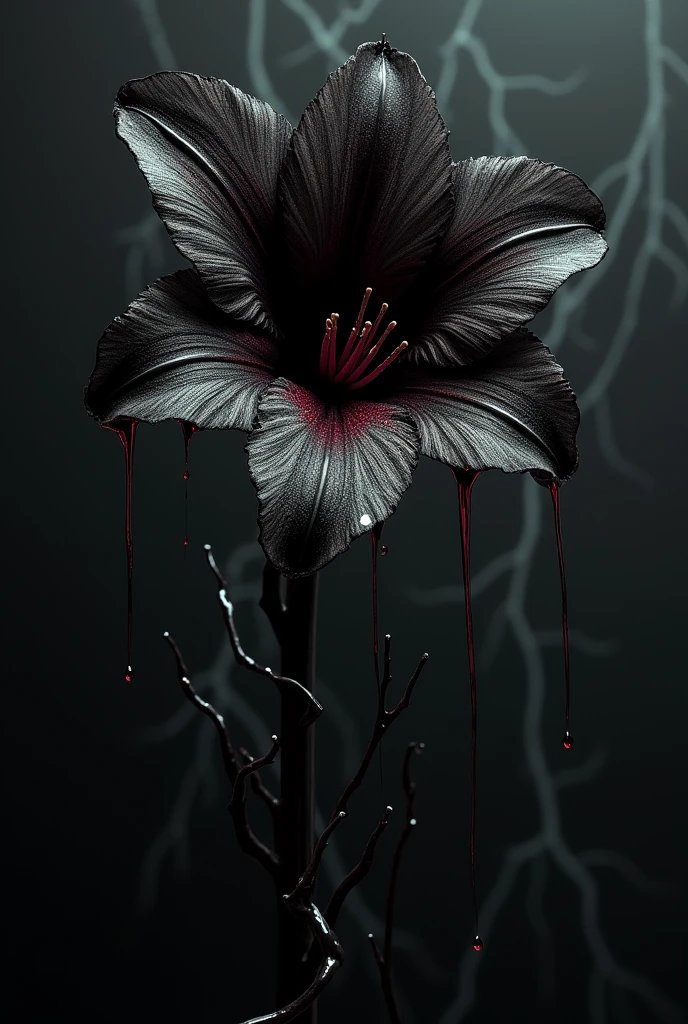 Light black background with a few white cracks, a black Amaryllis with a few blood drops and enveloped by a kind of black liquid that hangs like strands around the image and the flower. With a quality of min 225 dpi