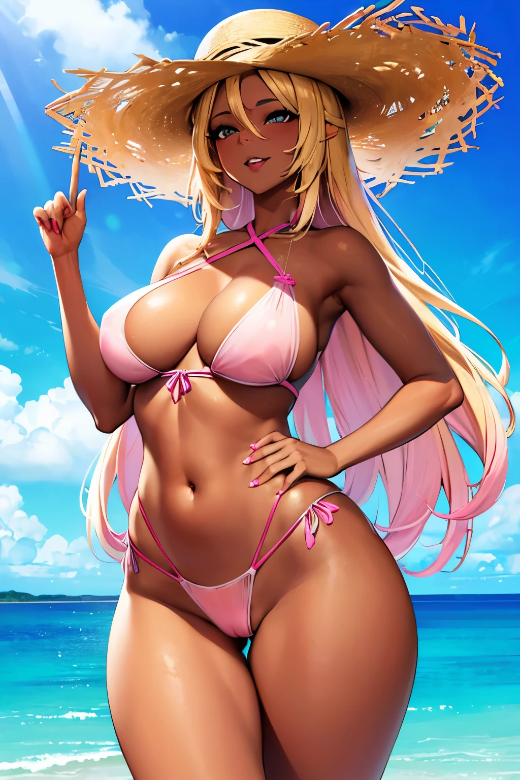 Transcendently beautiful woman, (gal:1.2), (dark skin:1.1), long hair, (blonde hair pink gradient hair:1.2), (big mouth open and laughing), (long eyelashes:1.1), (perfect makeup), sparkling eyes, (sandy beach:1.1), (white cross halter bikini:1.1), (see-through sarong:1.1), summer, straw hat, masterpiece, best quality, captures a super cute moment, depth of field, ultra detailed, ultra high resolution, Octadale, modeling, 8K, 16K, (detailed face and eyes:1.2), (perfect anatomy), (round breasts), (bubble butt), (wide hips:1.1), (slim waist:1.1), (thick thighs:1.1), (detailed background), (perfect nails:1.1), (detailed hand and finger:1.2), (medium breasts:1.2), (busty), (deep cleavage:1.2), (labia outline:1.3), (hard teat:1.3).